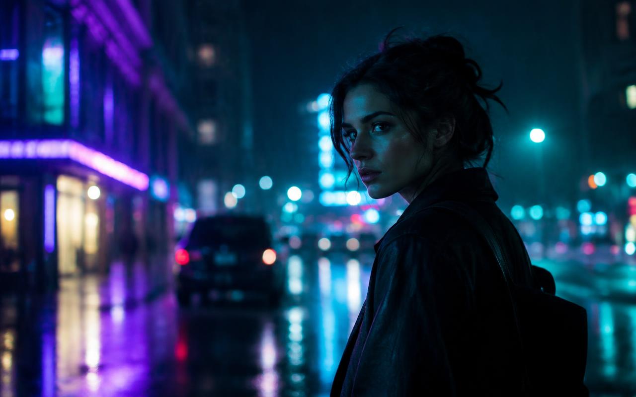 Cena cinematográfica noturna com luzes neon